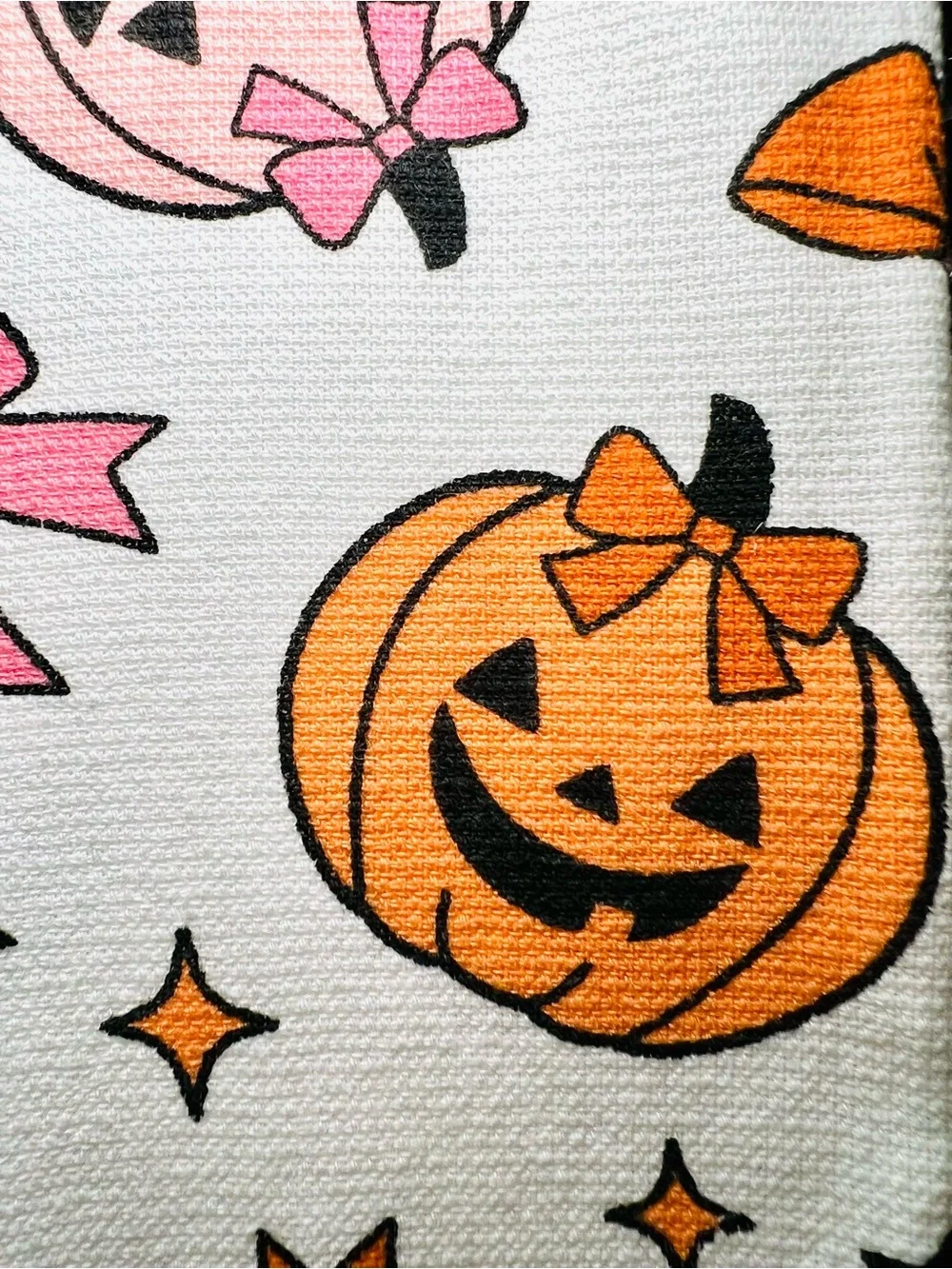 2 Halloween Pumpkins & Ribbon Bows Kitchen Towels Pink & Orange Jack o Lanterns